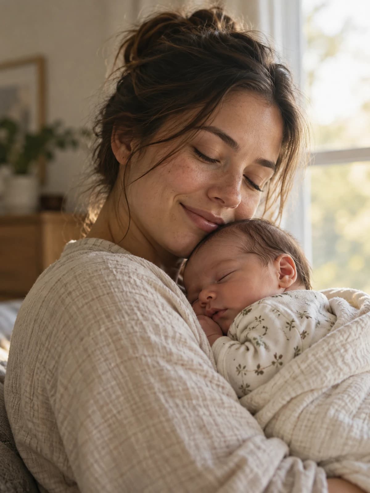 A parent holding their sleeping newborn close, eyes closed, in soft morning light