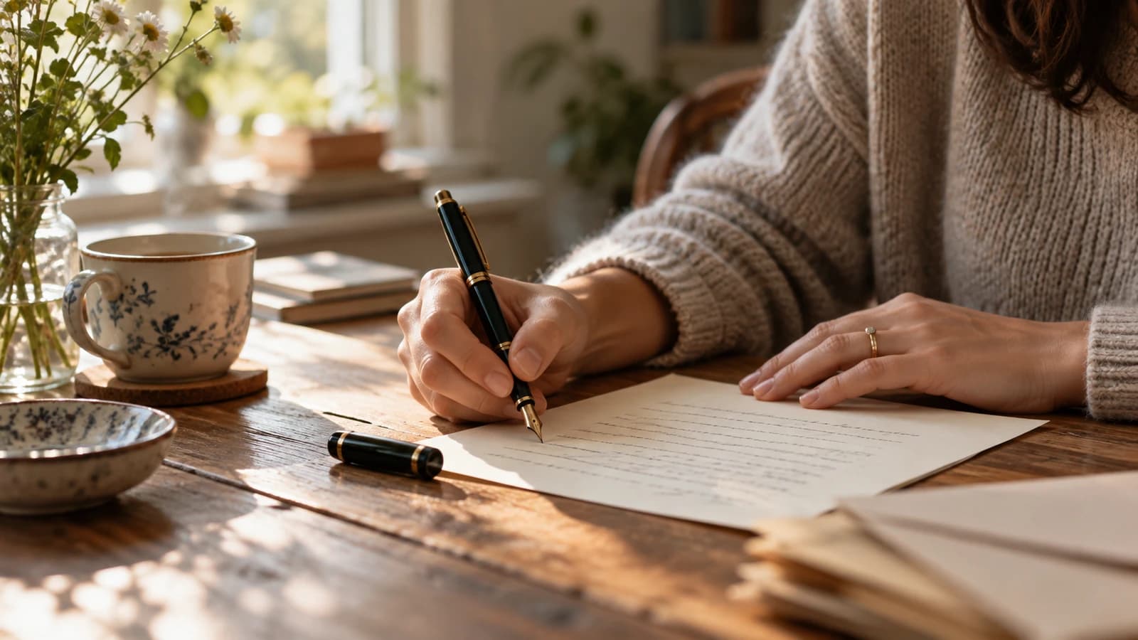 A handwritten letter and a stack of envelopes on a wooden kitchen table