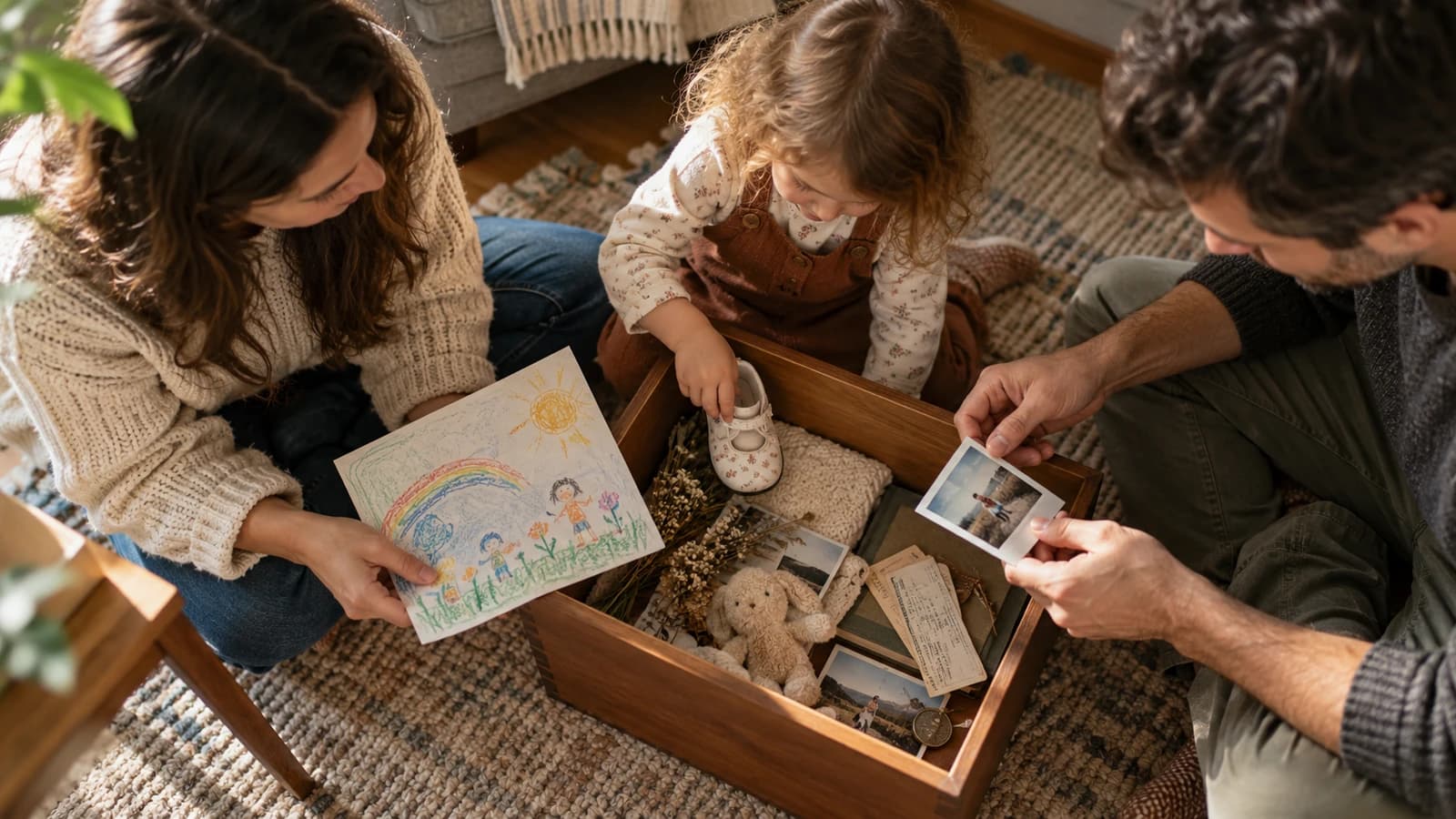 A family gathered around a table with photos and notes
