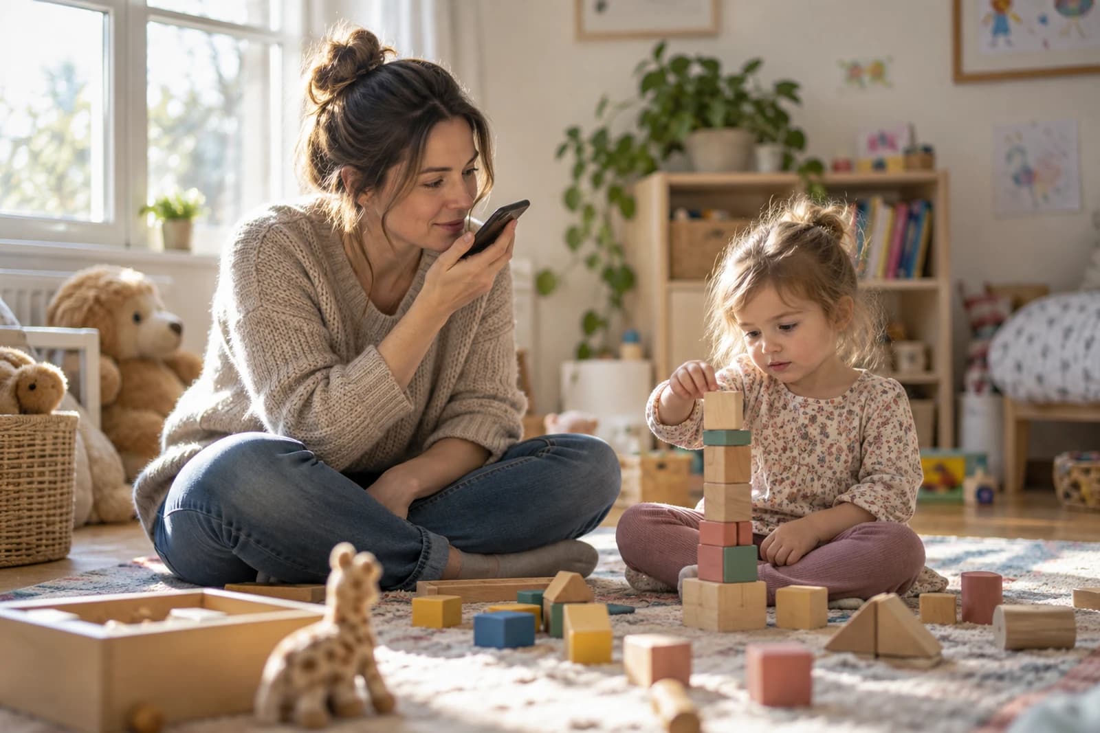 A parent recording a short memory on their phone while a young child plays nearby on the floor