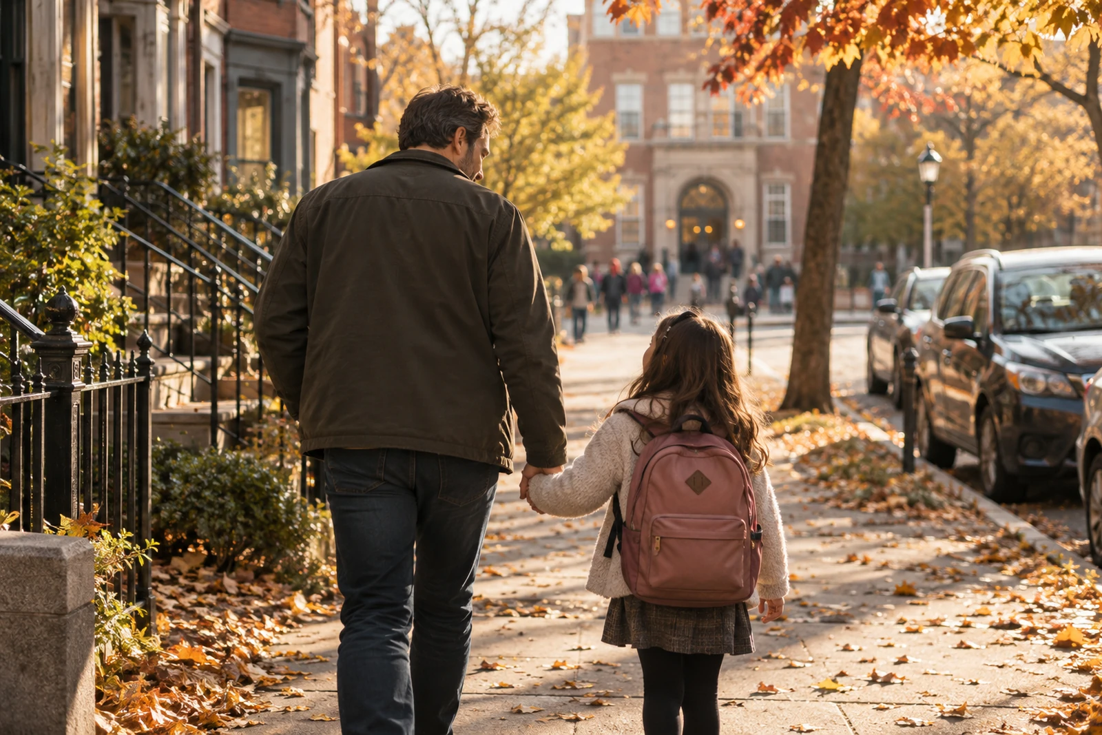 A parent walking with a child on a tree-lined street