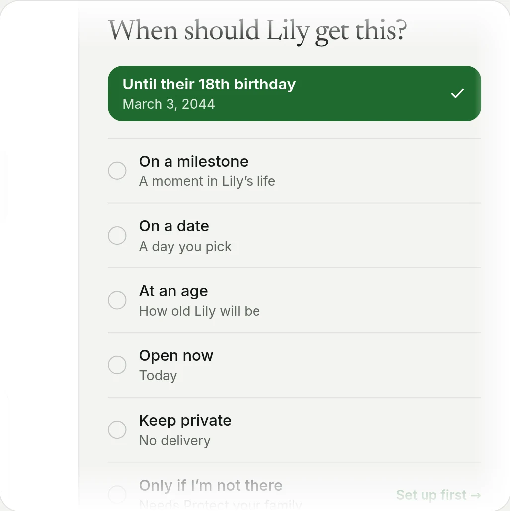 The delivery panel listing all seven options, with Until their 18th birthday selected.