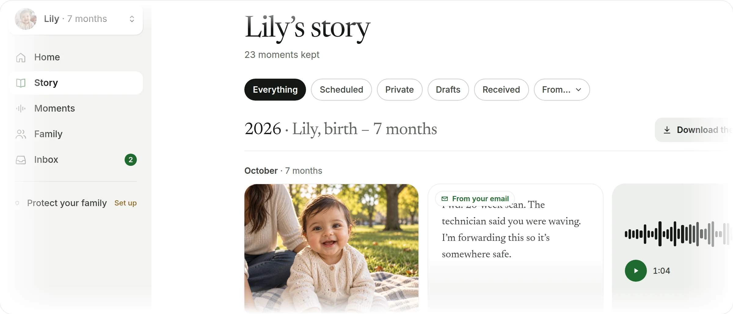 Lily’s story so far: memories grouped by month, each with its delivery status.