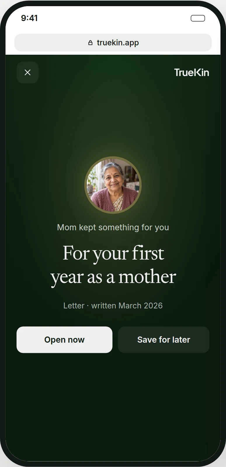 A new memory on a phone: Mom kept something for you, with Open now and Save for later.
