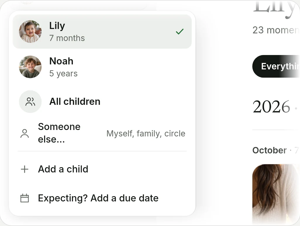 The child switcher with Lily, 7 months, Noah, 5 years, All children and Add a child.